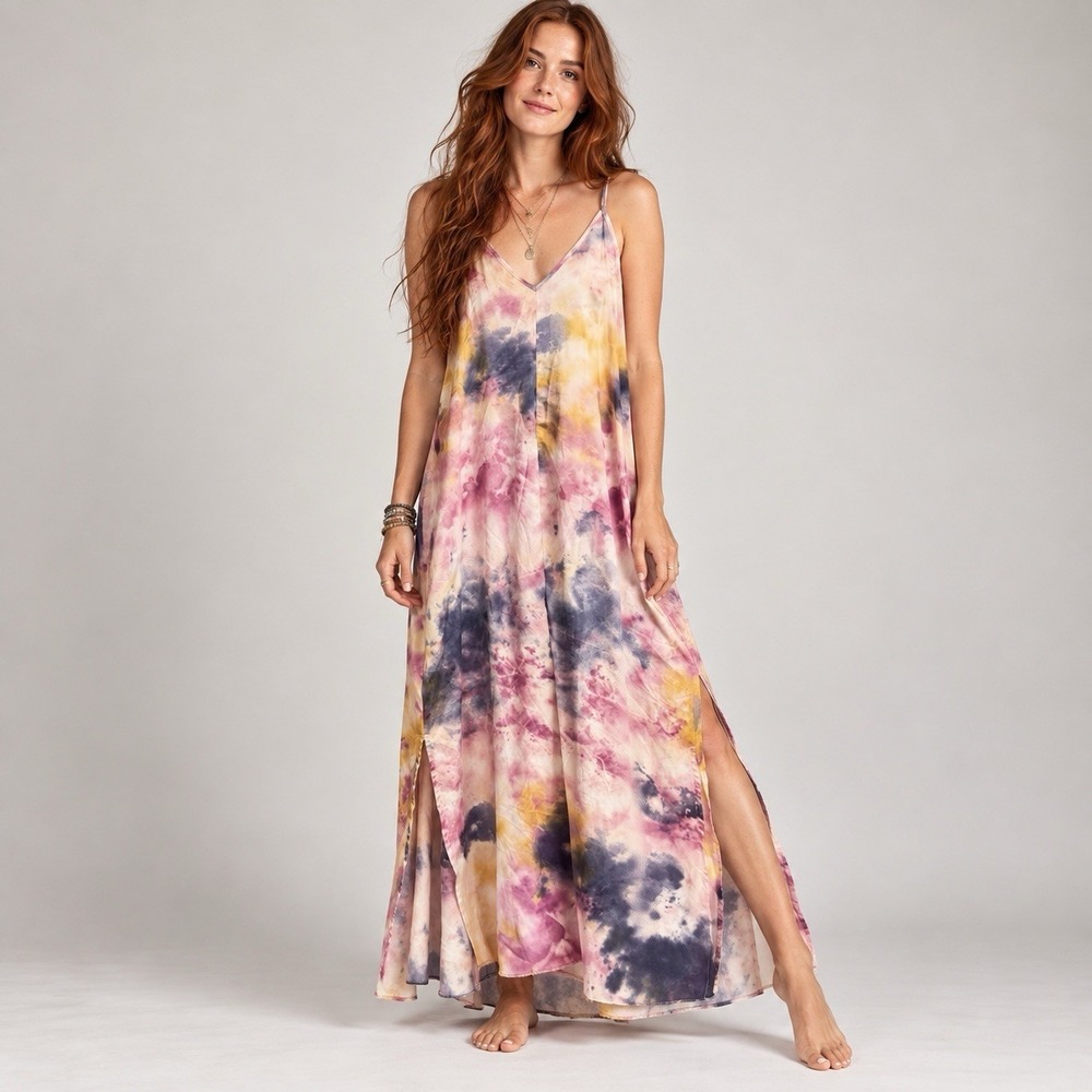Linea Donatella Tie Dye Maxi Slip Dress S Satin Boho Fairy Festival Y2K Strappy